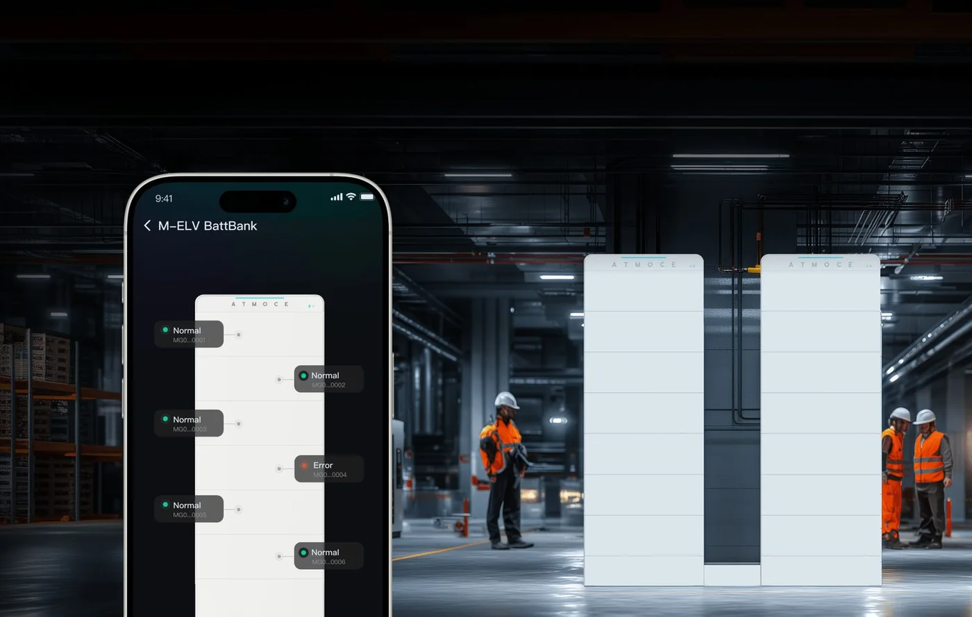 Monitoring van ATMOCE M-ELV BattBank-packs via de app naast een zakelijke opstelling