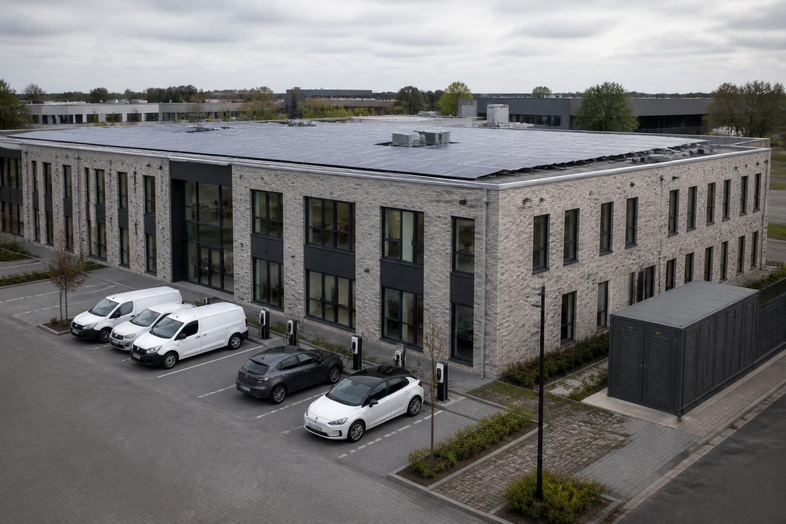 Nederlands bedrijfspand met zonnepanelen, laadstations en batterijopslag
