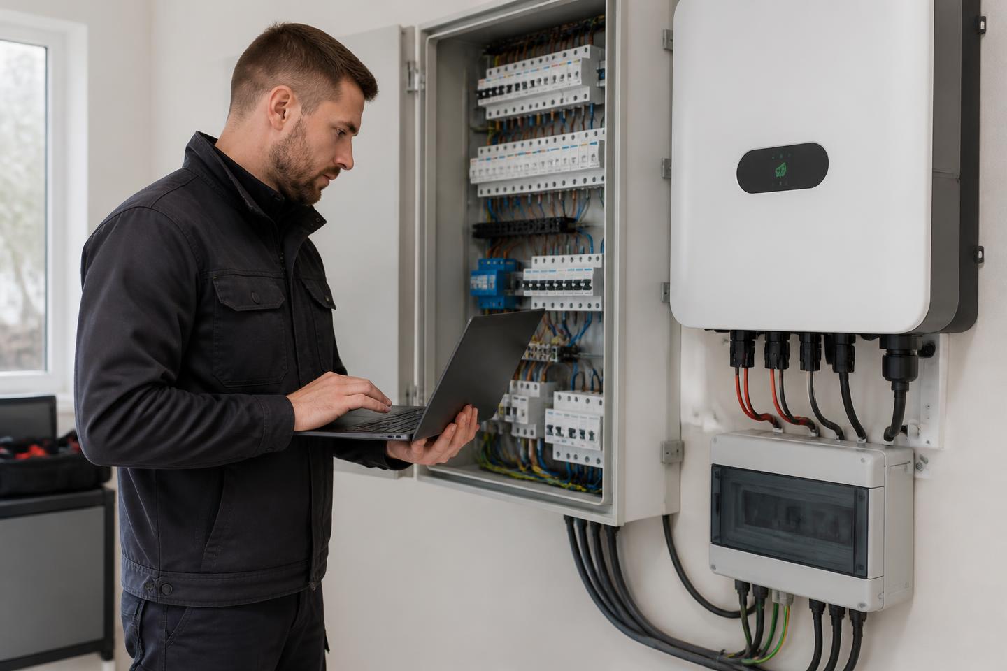 Installateur configureert met een laptop een omvormer naast een geopende groepenkast
