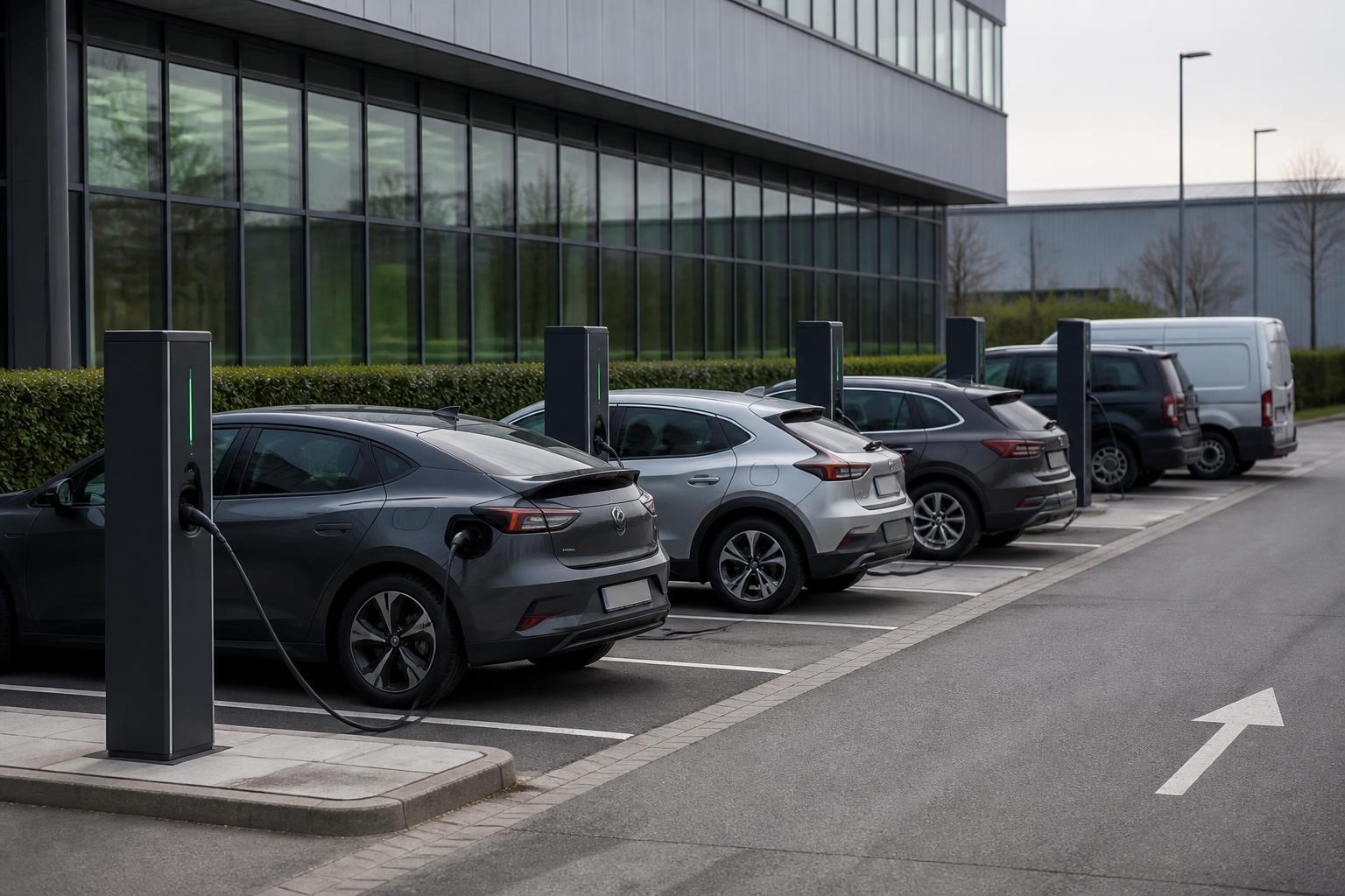 Laadstations met elektrische auto's bij een Nederlands bedrijfspand