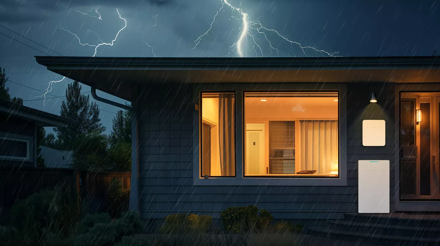 Home with lights on during a storm, with an ATMOCE home battery on the facade